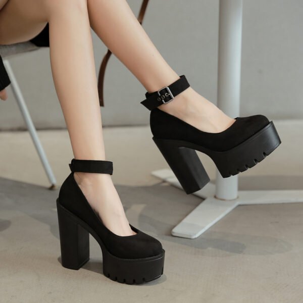 Black Platform Belt Buckle Chunky High Heels - Image 8