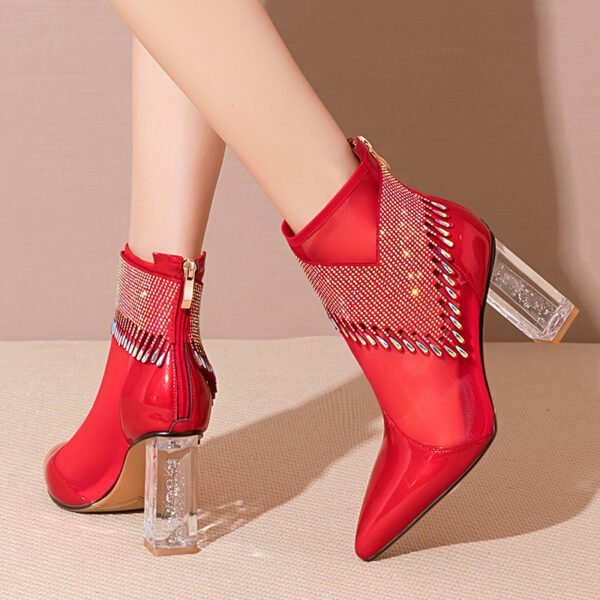 Women's New Leather Mesh Hollow High-heeled Short Sandals - Image 3