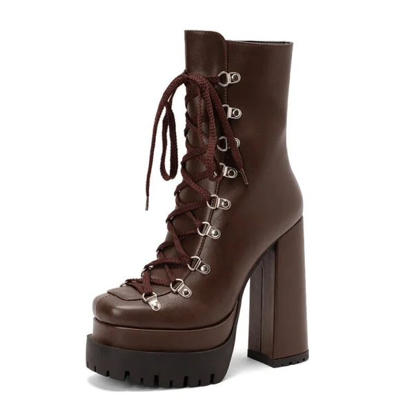 Women's Waterproof Platform Front Lace-up Round Toe Thick Heeled Short Boots - Image 4