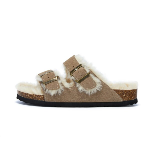 Autumn And Winter Plush Flat Bottomed Frosted Leather Boken Cork Slippers - Image 4