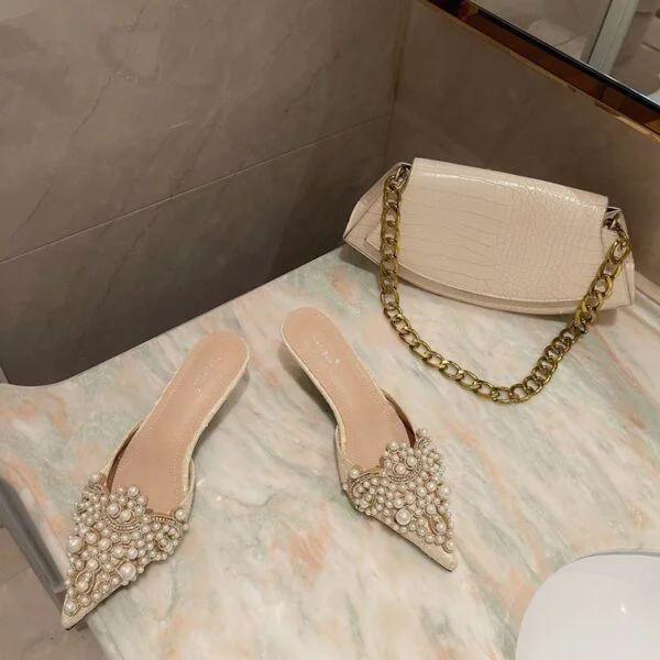 Beaded Pearl Lace Pointed Toe Stiletto Heel - Image 5