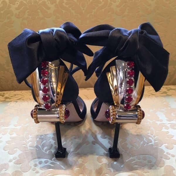 Women's Leather Stiletto Heel Rhinestone Bow High Heel Sandals - Image 2