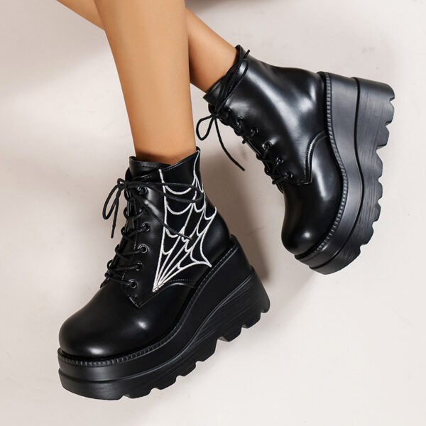 Black Martin Boots Fashion Spider Web Print Shoes Chunky Heel Boots For Women - Image 2