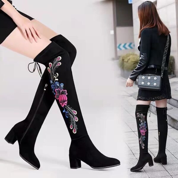 Women's Long Pointed Toe Thick-heeled Suede Boots - Image 2