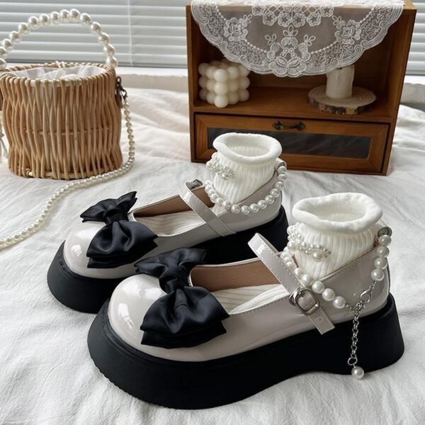 Women's Platform Pearl Bow Round Toe Shoes - Image 5