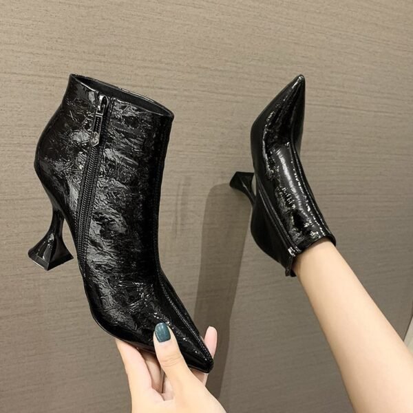 Women's Fleece Pointed Toe Patent Leather Slim Martin Boots - Image 6