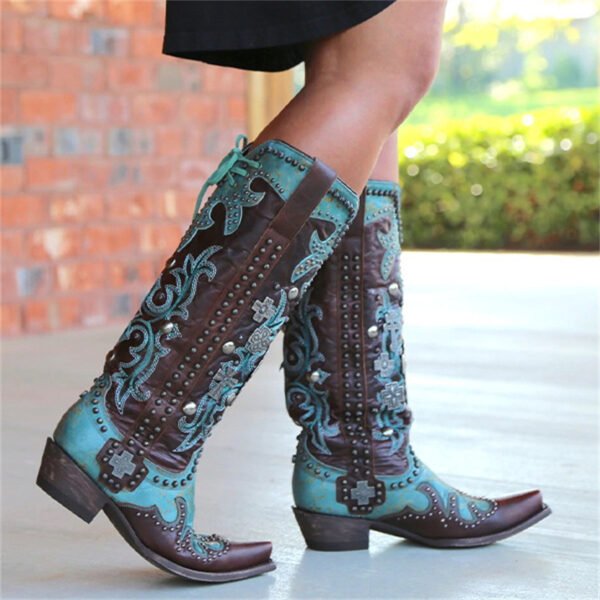 Women's Pointed Thick Heel Embroidered Printed Lace-up Mid-tube Boots - Image 2