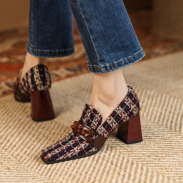 Women's Retro Square Toe Plaid High Heels - Image 3