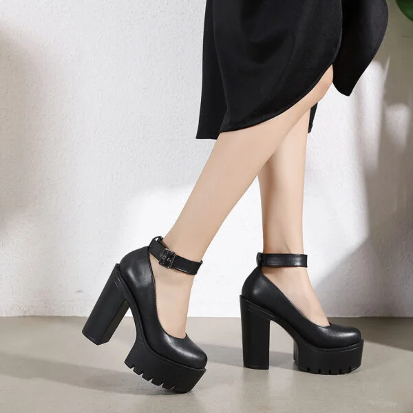 Black Platform Belt Buckle Chunky High Heels - Image 9