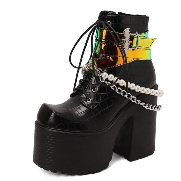 Belt Buckle Beaded Chain Women's Leather Boots - Image 4