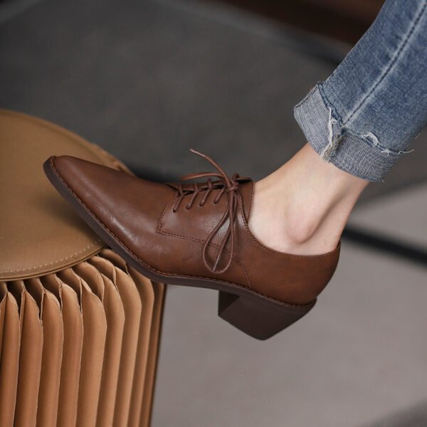 Women's Mid Heel Brown Deep Mouth Leather Pointed Toe Work Shoes - Image 5