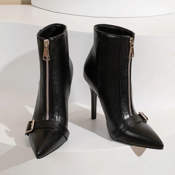 Belt Buckle Front Zipper High Heel Boots - Image 7