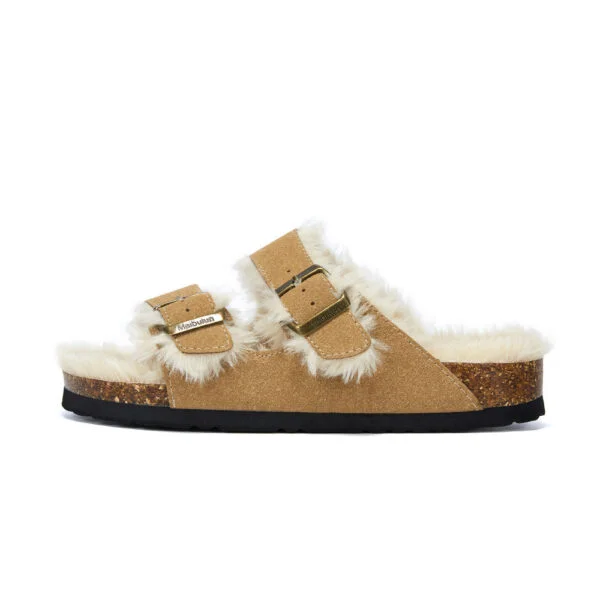 Autumn And Winter Plush Flat Bottomed Frosted Leather Boken Cork Slippers - Image 6