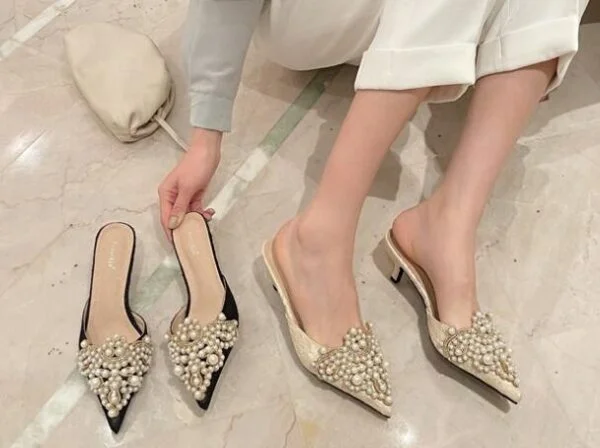 Beaded Pearl Lace Pointed Toe Stiletto Heel