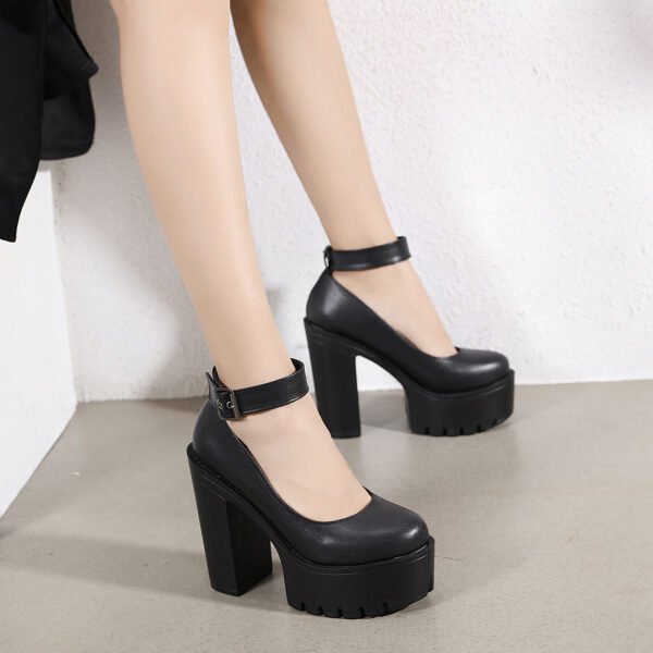 Black Platform Belt Buckle Chunky High Heels - Image 2