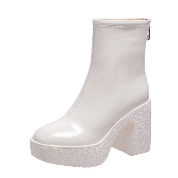 Women's Patent Leather Waterproof Platform Thick High Heel Back Zipper Short Boots - Image 7