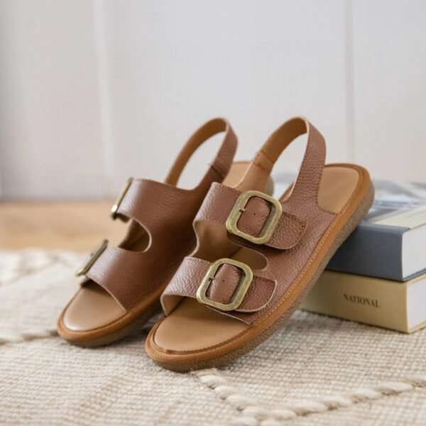 Women's Flat Cool First Layer Cowhide Soft Bottom Belt Buckle Beach Outer Wear Ankle-strap Sandals - Image 6