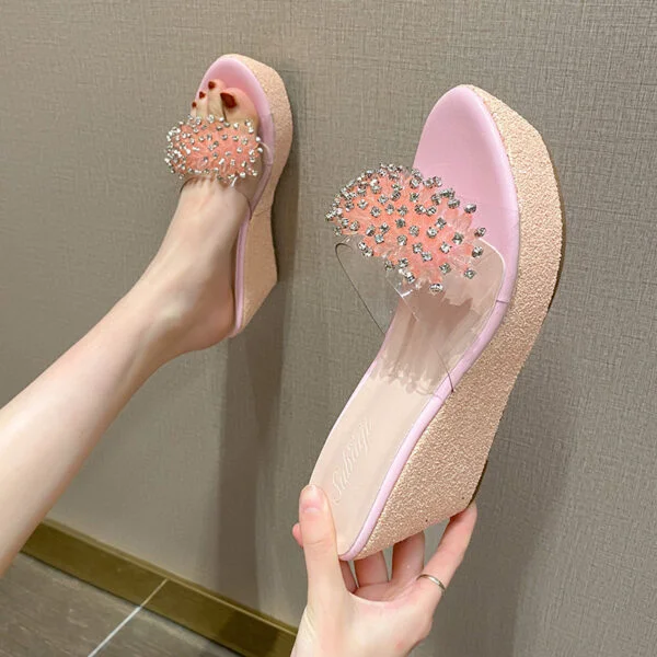 Women's Platform Thick Bottom Transparent Rhinestone Fish Mouth Slippers - Image 2