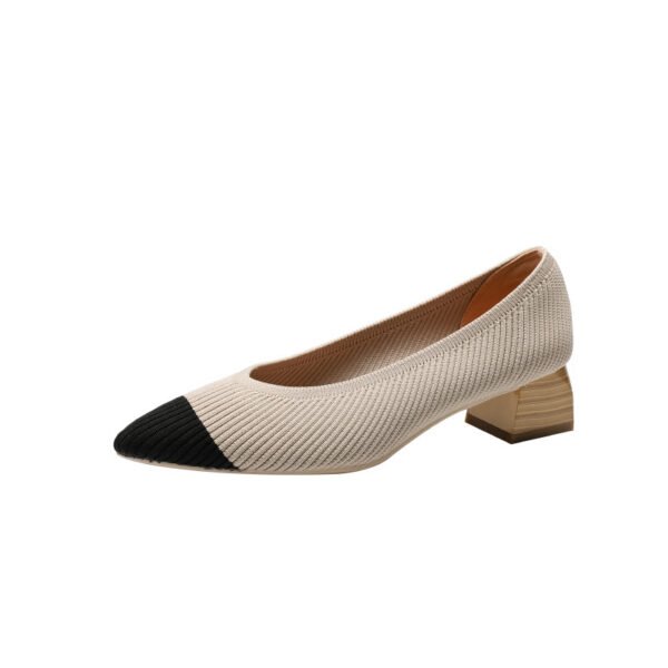 Wood Grain Thick Heel Pointed Breathable Casual Pumps - Image 4