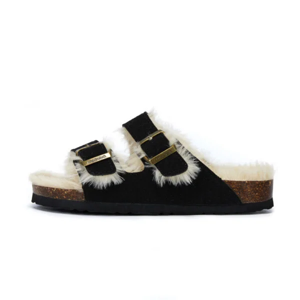 Autumn And Winter Plush Flat Bottomed Frosted Leather Boken Cork Slippers - Image 5