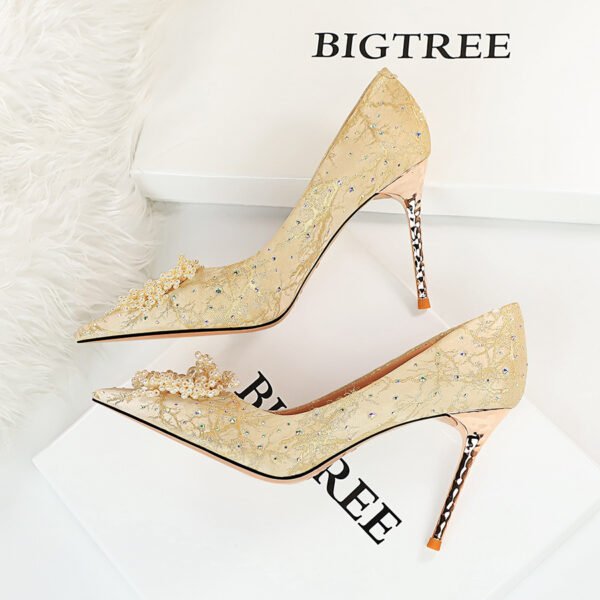 Women's High Heel Pointed Toe Pearl Flower Rhinestone Shoes - Image 3