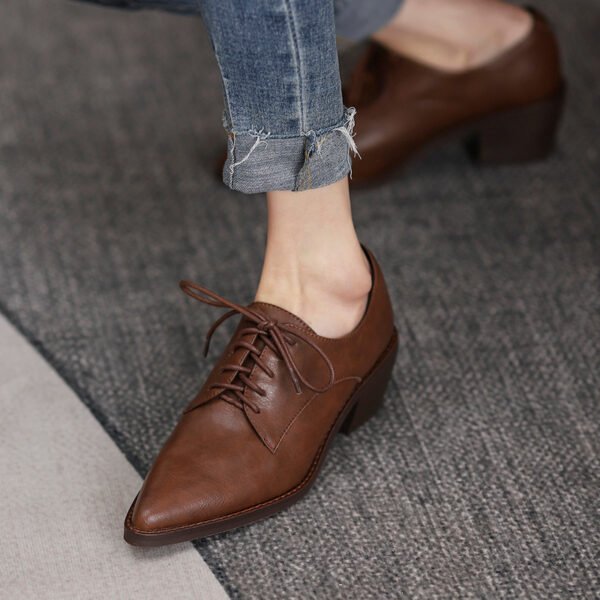 Women's Mid Heel Brown Deep Mouth Leather Pointed Toe Work Shoes