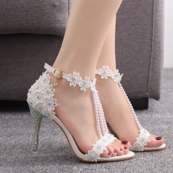 Beaded Lace Floral Rhinestone Slip-On Sandals - Image 4