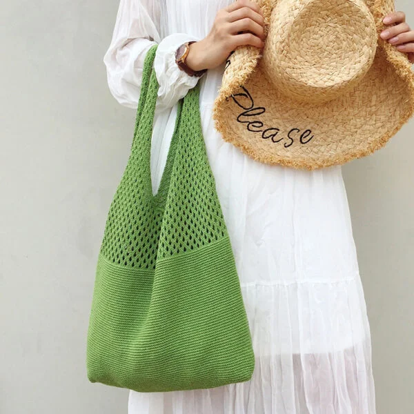 Avocado Green Knit Tote One-Shoulder Sweater Bag - Image 4