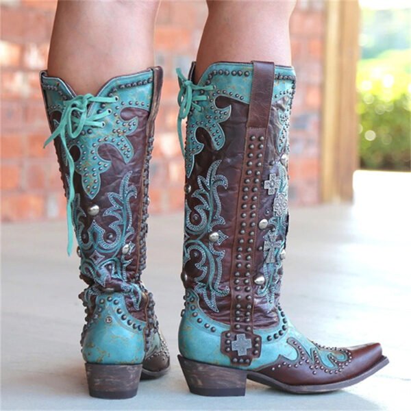 Women's Pointed Thick Heel Embroidered Printed Lace-up Mid-tube Boots - Image 4