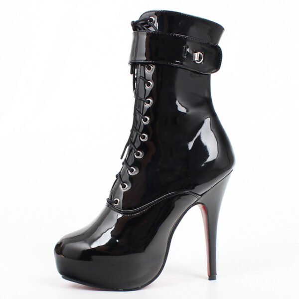 Women's High Heel Platform Lace-Up Patent Leather Short Boots - Image 3