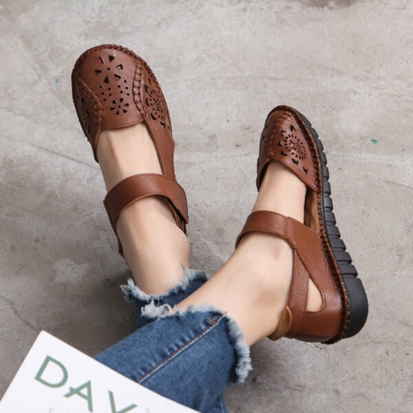 Women's Genuine Leather Sandals Flat Flat With Hollowed-out Retro - Image 8