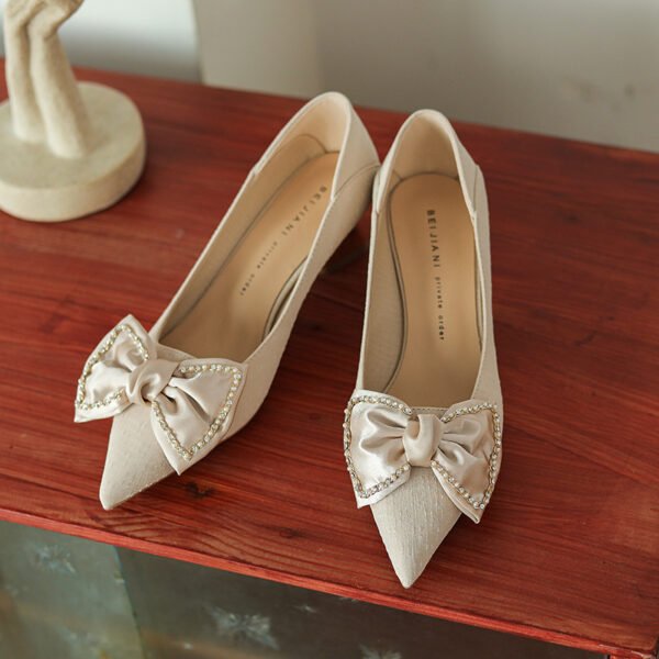 Women's Pointed Toe Chunky Heel Shoes With Rhinestone Bow High Heels - Image 7