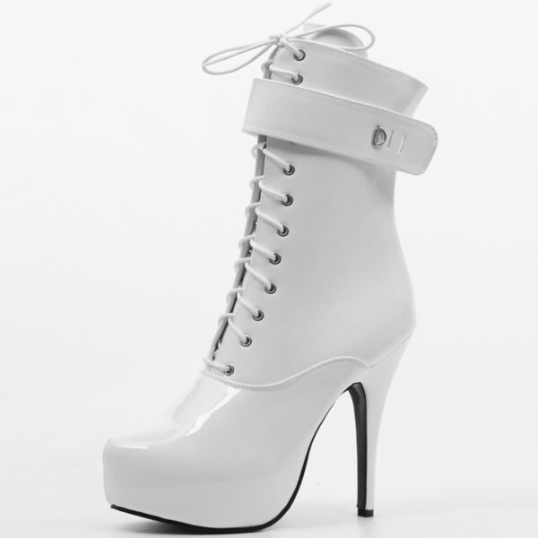 Women's High Heel Platform Lace-Up Patent Leather Short Boots - Image 2