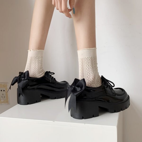 Women's Platform Platform Lace-Up Black Leather Shoes - Image 4