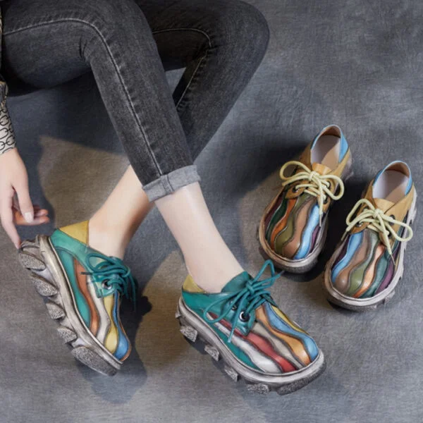 Women's Retro Color-block Rainbow Lace-up Shoes