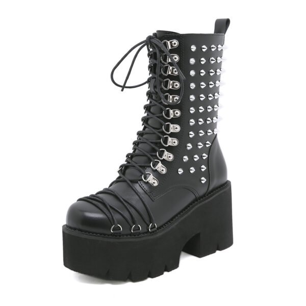 Autumn And Winter New Chunky Heel Side Zip Thick Bottom Fashion Rivet Knight Boots - Image 3