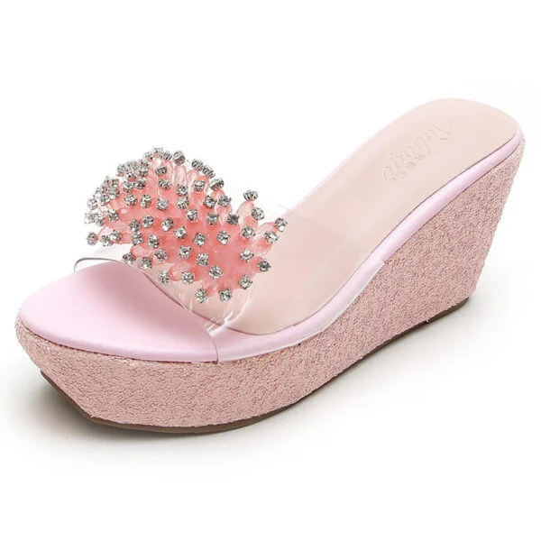 Women's Platform Thick Bottom Transparent Rhinestone Fish Mouth Slippers - Image 5