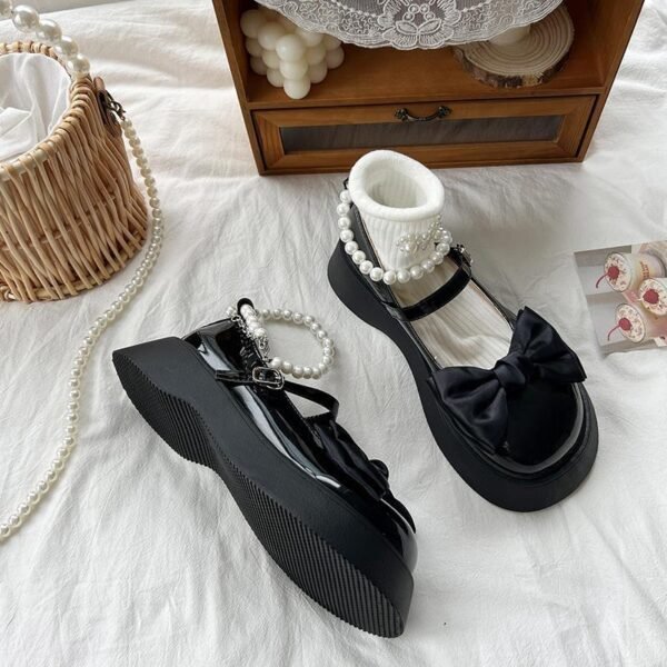 Women's Platform Pearl Bow Round Toe Shoes - Image 4