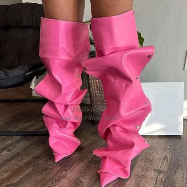 Women's Pointed Pleated Denim Boots Metal Decorative High Heel Brown Knee Length Sexy Luxury Banquet Zipper Boots Autumn Catwalk - Image 6