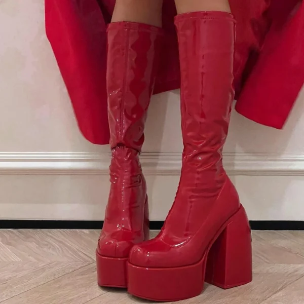 Designer Luxury Stretch Boots Women's Platform Chunky High Heel Knee High Boots Thick Bottom Leather Sexy Slip-On Shoes Botas