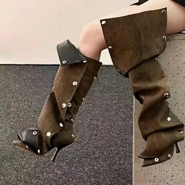 Women's Pointed Pleated Denim Boots Metal Decorative High Heel Brown Knee Length Sexy Luxury Banquet Zipper Boots Autumn Catwalk