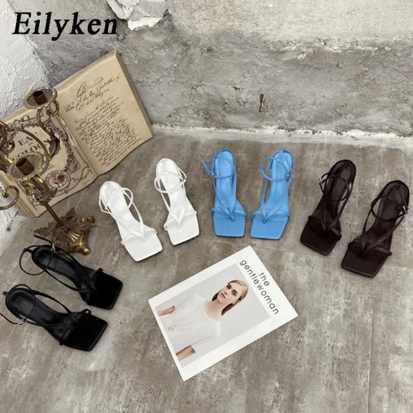 Eilyken New Fashion Pinch Narrow Band Women Sandals 2024 Summer Square Open Toe Ankle Buckle Strap High Heels Ladies Shoes - Image 4