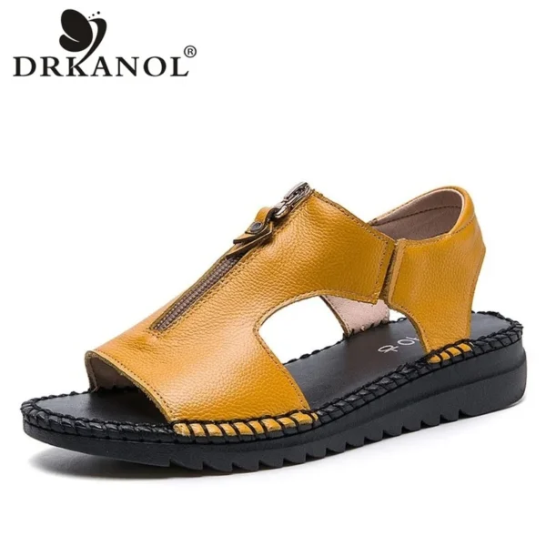 DRKANOL Fashion Handmade Summer Women Sandals Genuine Leather Open Toe Front Zipper Casual Flat Sandals Women Sandalias mujer