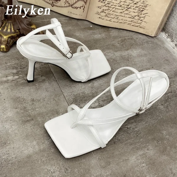 Eilyken New Fashion Pinch Narrow Band Women Sandals 2024 Summer Square Open Toe Ankle Buckle Strap High Heels Ladies Shoes - Image 6