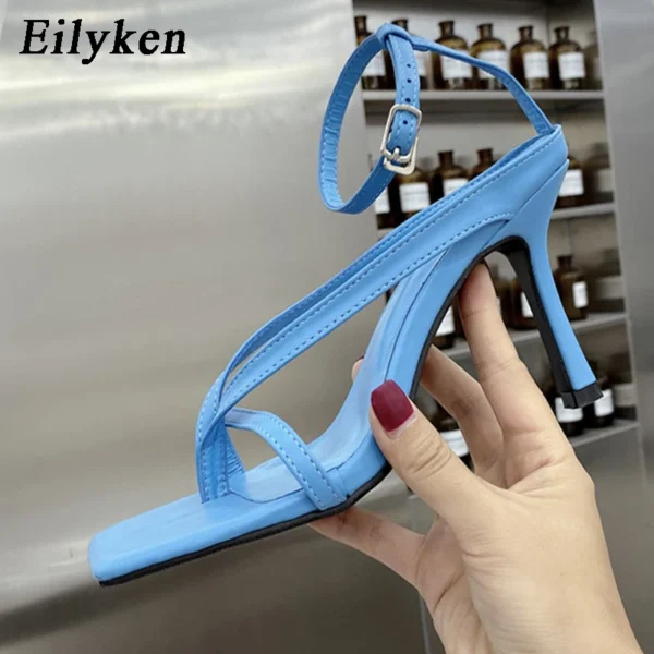 Eilyken New Fashion Pinch Narrow Band Women Sandals 2024 Summer Square Open Toe Ankle Buckle Strap High Heels Ladies Shoes - Image 3