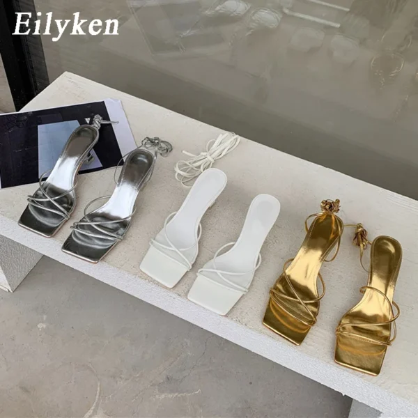 Eilyken Fashion Gold Silver Sandals Thin Low Heel Lace Up Rome Summer Gladiator Women Casual Narrow Band Shoes - Image 5