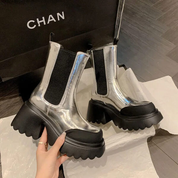 Autumn And Winter Cowhide Silver Platform Martin Boots High Heels Fleece-lined Waterproof Platform Thick Heel Stretch Women - Image 5