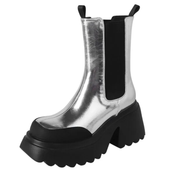 Autumn And Winter Cowhide Silver Platform Martin Boots High Heels Fleece-lined Waterproof Platform Thick Heel Stretch Women - Image 2