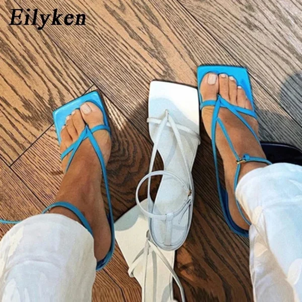 Eilyken New Fashion Pinch Narrow Band Women Sandals 2024 Summer Square Open Toe Ankle Buckle Strap High Heels Ladies Shoes