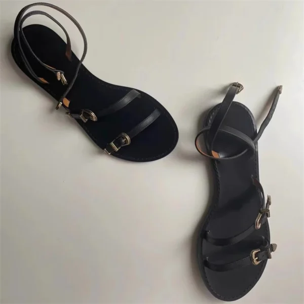 2024 Black Round Toe Ladies Sandals Buckle Strap Design Women Shoes Hand-made Fashion Flat Rome Beach Shoes Sandalias De Mujer - Image 2